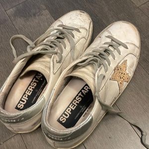 SSENSE exclusive white glitter superstar golden goose sneakers, size 37
